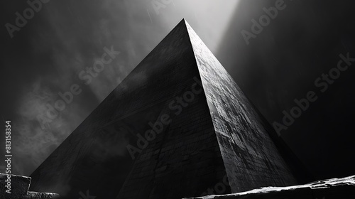 A black and white photo of a pyramid with a cloudy sky in the background photo