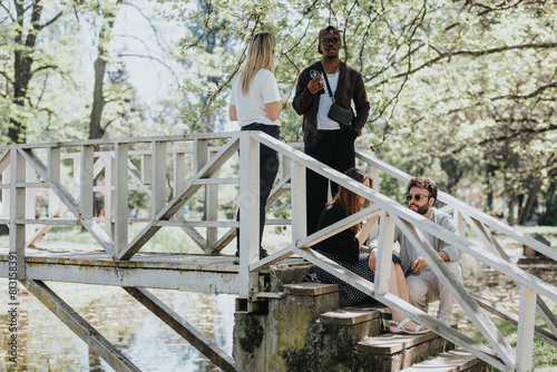 Casual meeting of young adults on a wooden bridge in a city park  expressing carefree lifestyle with laughter and conversation.