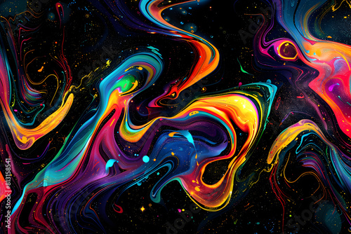 Vibrant neon colors blending in abstract cosmic swirls. Mesmerizing artwork on black background.