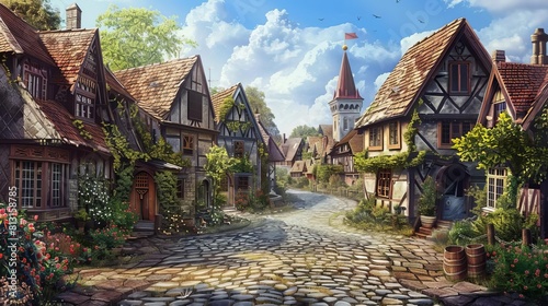 charming medieval village illustration with halftimbered houses and cobblestone streets digital painting photo