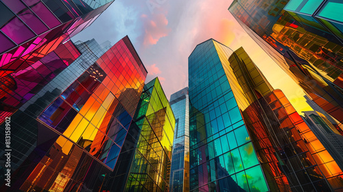 Industrial complex where each building is covered with reflective colorful metal that glows under sunset, creating a landmark visual.