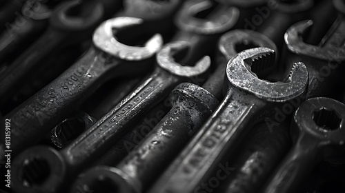 A row of old, rusted wrenches are shown in a close up