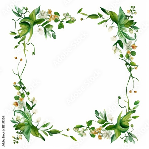 Nature-Inspired Frame. Elegant floral frame with green leaves and white flowers on a white background