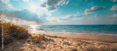 Beach and tropical blue sea. Ocean with big waves, rocks and cliff. Beautiful landscape on the caribbean island and wild sea waves. Warm sun light.
