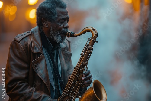 Street environment with saxophone player at night