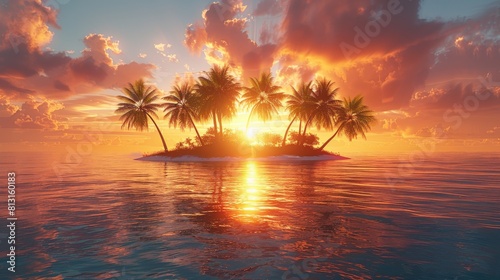 Illustration of a tropical island at sunset in a seascape