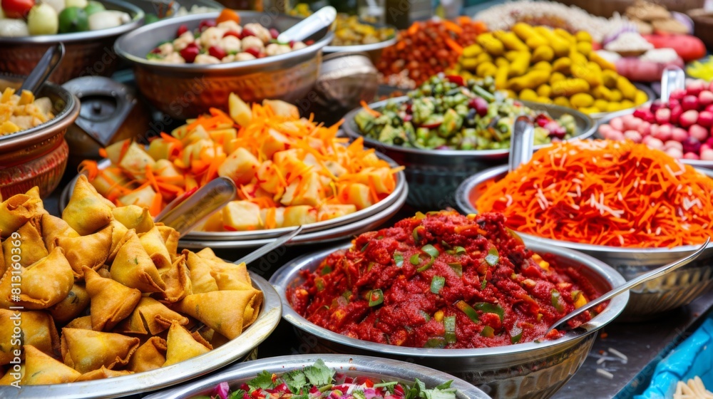 A colorful assortment of Indian street food snacks, including samosas, pakoras, and chaat, bursting with flavor and spices.