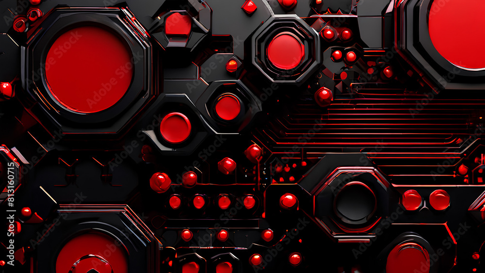 Fototapeta premium Technological Elegance - Abstract Red and Black Design with Hex Elements