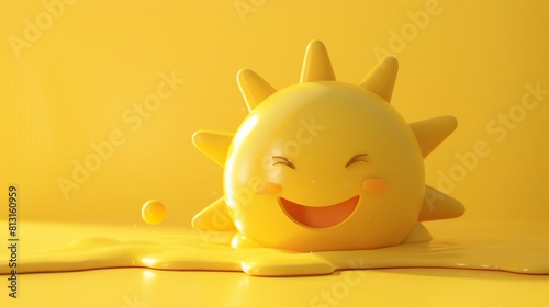 Happy smiling 3d icon of cute sun melts from the hot weather, yellow background, weather application illustration