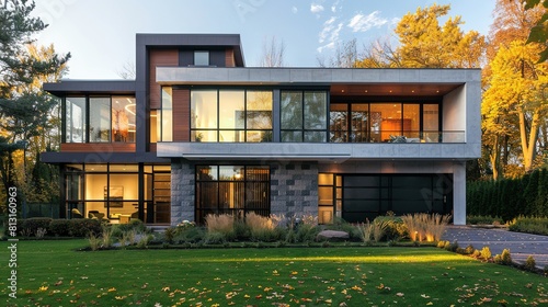 Modern house with large windows and a flat roof.