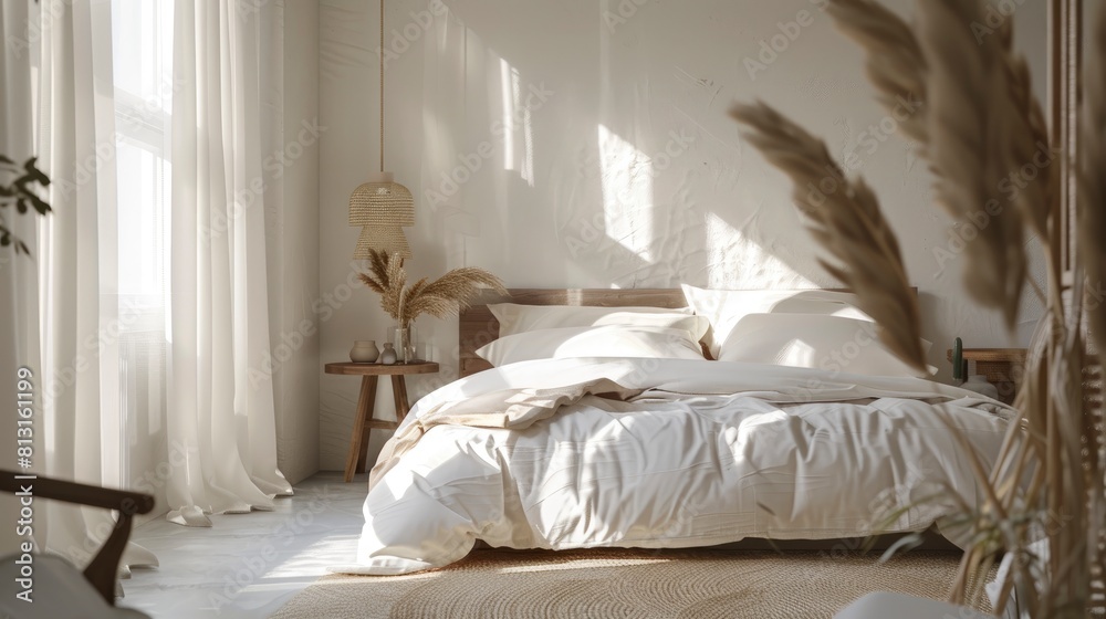 Illuminate The Bright Scandi-Style Interior Of The Bedroom, With A Focus On The Linen Bed Or Bedding, Evoking A Sense Of Calm And Simplicity Illuminate The Bright Scandi-Style Interior Of The Bedroom, With A Focus On The Linen Bed Or Bedding, Evoking A Sense Of Calm And Simplicity