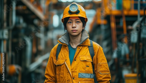 Serene miner with helmet in industrial site