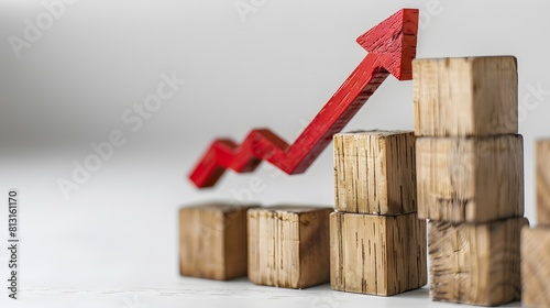 Wooden blocks with red arrow up and graph bar chart on white background  wooden block for business growth concept. stock photo  light color theme  soft shadow