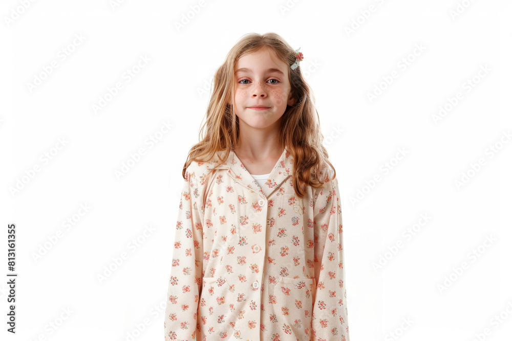 A contented girl in pajamas, standing alone against a white background, devoid of surroundings. Concept of bedtime comfort and relaxation. Generative Ai. A contented girl in pajamas, standing alone against a white background, devoid of surroundings. Concept of bedtime comfort and relaxation. Generative Ai.