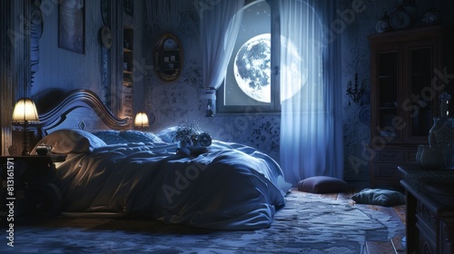 Imagine The Enchanting Ambiance Of A Bedroom In The Full Moon Night, With Moonlight Streaming Through The Window, Creating A Magical Atmosphere Of Serenity And Calm