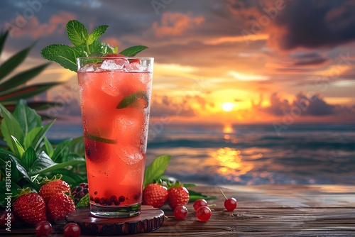 Fresh summer drinks cocktails with berries  fruits  ice and frost on glasses. Vacation open beach bar concept.