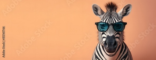 Zebra in sunglass shade glasses isolated on gradient background  commercial  advertisement  Creative animal concept with copy space