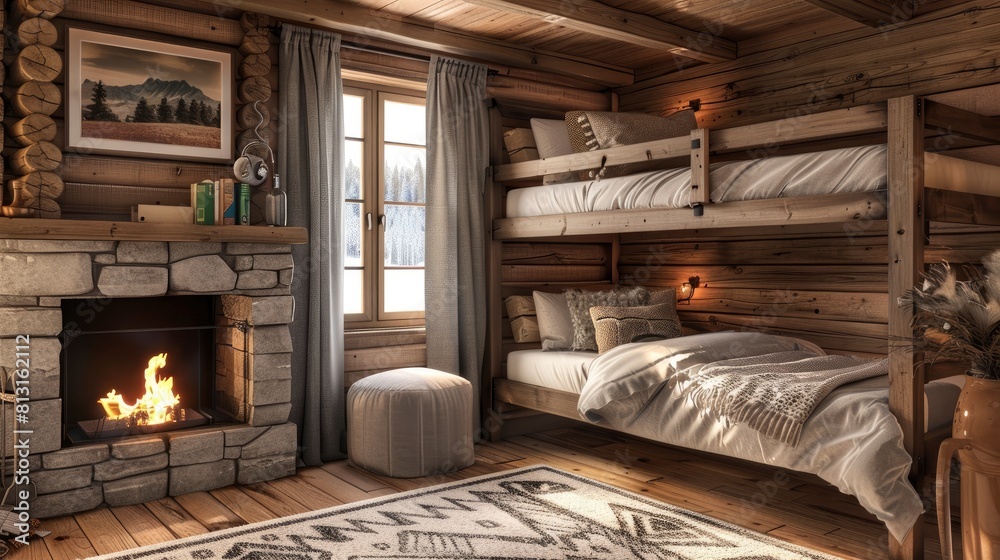 Immerse Yourself In The Cozy Ambiance Of A Chalet Interior Rendered In 3D, Featuring A Wooden Bunk Bed And A Crackling Chimney Fire, Perfect For A Snug Retreat Immerse Yourself In The Cozy Ambiance Of A Chalet Interior Rendered In 3D, Featuring A Wooden Bunk Bed And A Crackling Chimney Fire, Perfect For A Snug Retreat