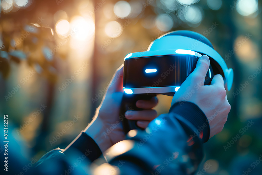 A Close-up Of A Person Wearing A Virtual Reality Headset, Immersed In A Digital World, Vr Technology, Digital Immersion, Futuristic Concept, Augmented Reality A Close-up Of A Person Wearing A Virtual Reality Headset, Immersed In A Digital World, Vr Technology, Digital Immersion, Futuristic Concept, Augmented Reality
