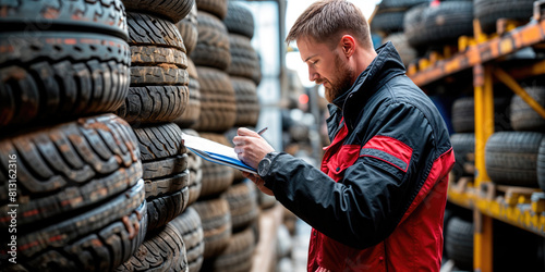 A mechanic in a red and black uniform inspects inventory in a tire warehouse