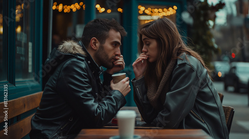 A couple sharing a romantic moment at a sidewalk cafe, their fingers intertwined as they sip espresso and gaze into each other's eyes. Dynamic and dramatic composition, with copy s