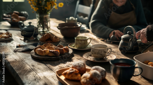 A family reunion at a rustic farmhouse, with relatives from near and far coming together over pots of freshly brewed coffee and homemade pastries. Dynamic and dramatic composition,