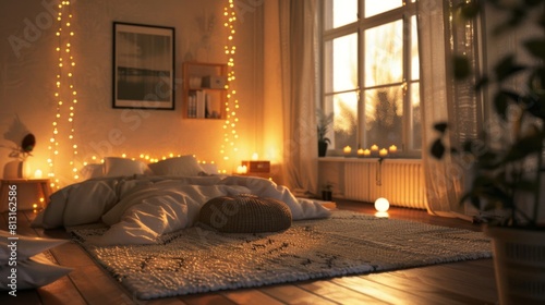 A cozy minimalist bedroom with a plush rug, floor pillows, and warm lighting, inviting relaxation and comfort.