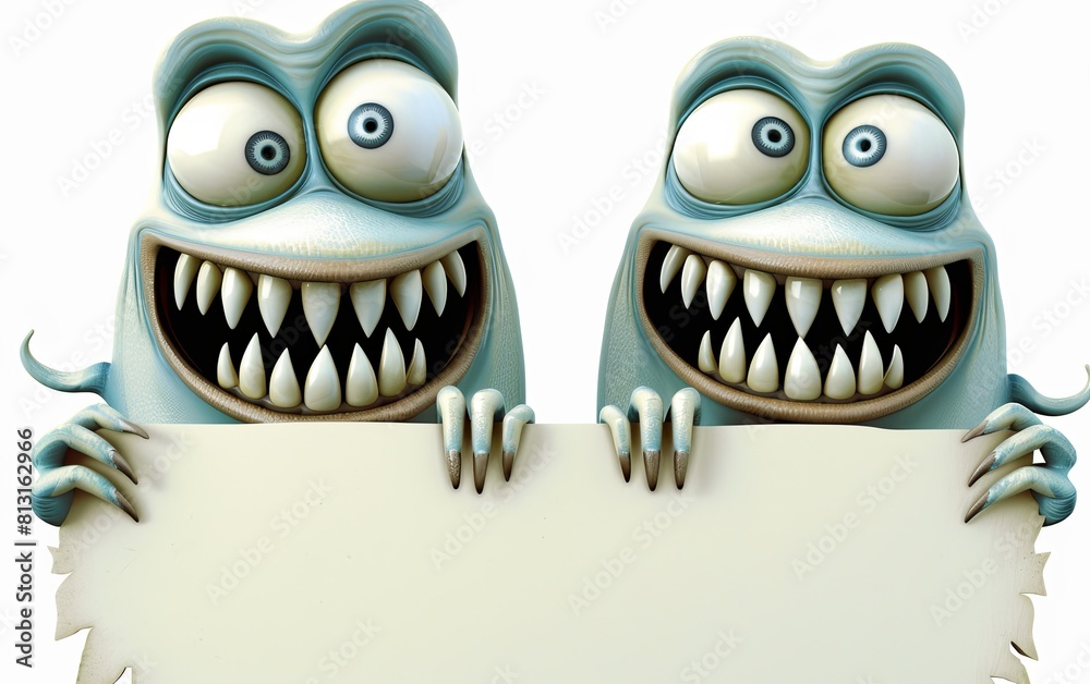 The two monsters hold a blank card in front of them. They have toothy smiles on their faces. Can be used for advertising, marketing, promotion or presentation. The two monsters hold a blank card in front of them. They have toothy smiles on their faces. Can be used for advertising, marketing, promotion or presentation.