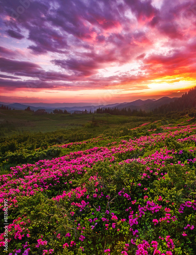 Carpathians  Ukraine  Europe  summer blooming pink flowers on background mountains  floral summer landscape 