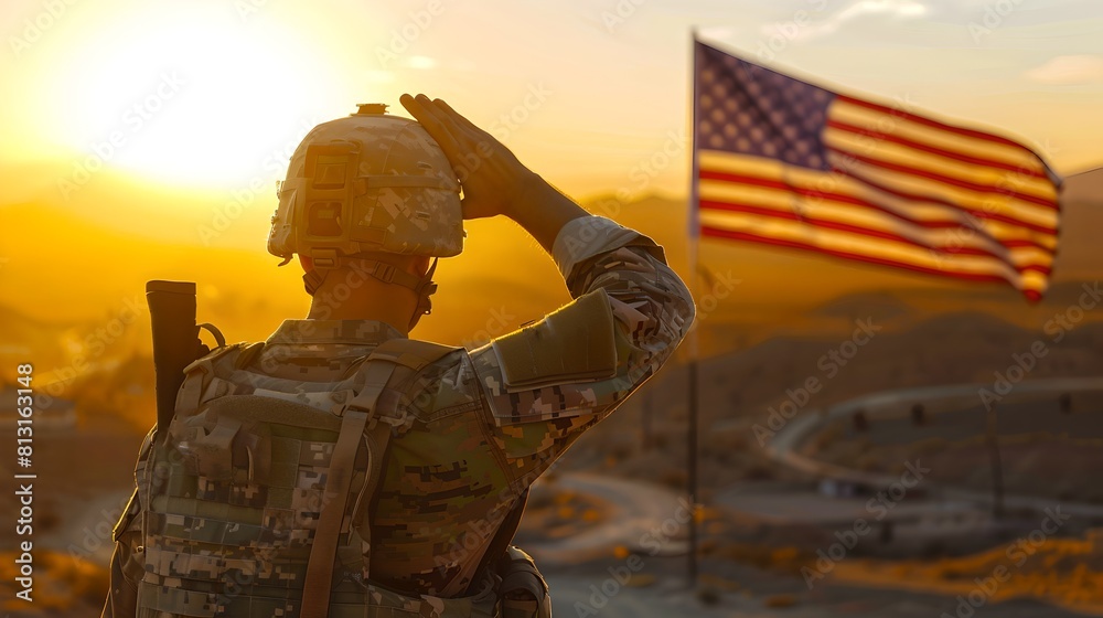 Silhouette of a Soldier Saluting the American Flag at Sunset. Patriotism and Military Service. Expressing National Pride and Honor. AI Silhouette of a Soldier Saluting the American Flag at Sunset. Patriotism and Military Service. Expressing National Pride and Honor. AI