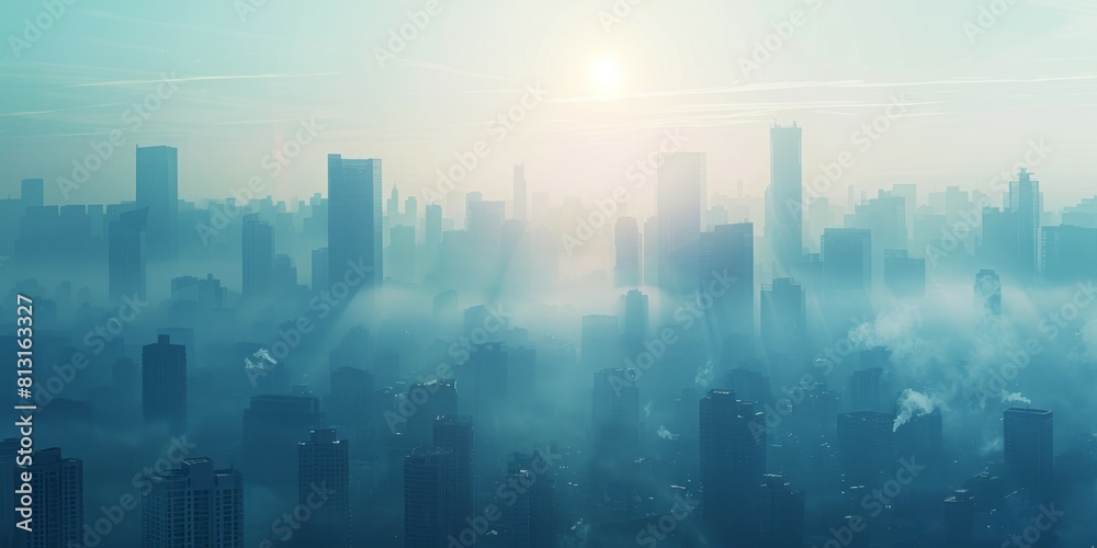 Cityscape in fog. Panoramic view of the city. Cityscape in fog. Panoramic view of the city.