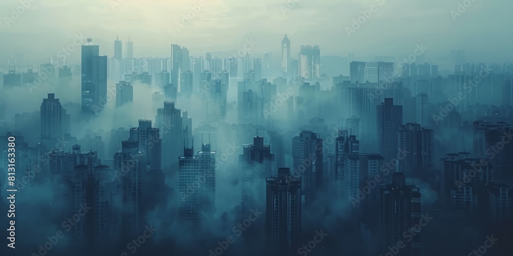 Foggy cityscape background with skyscrapers.