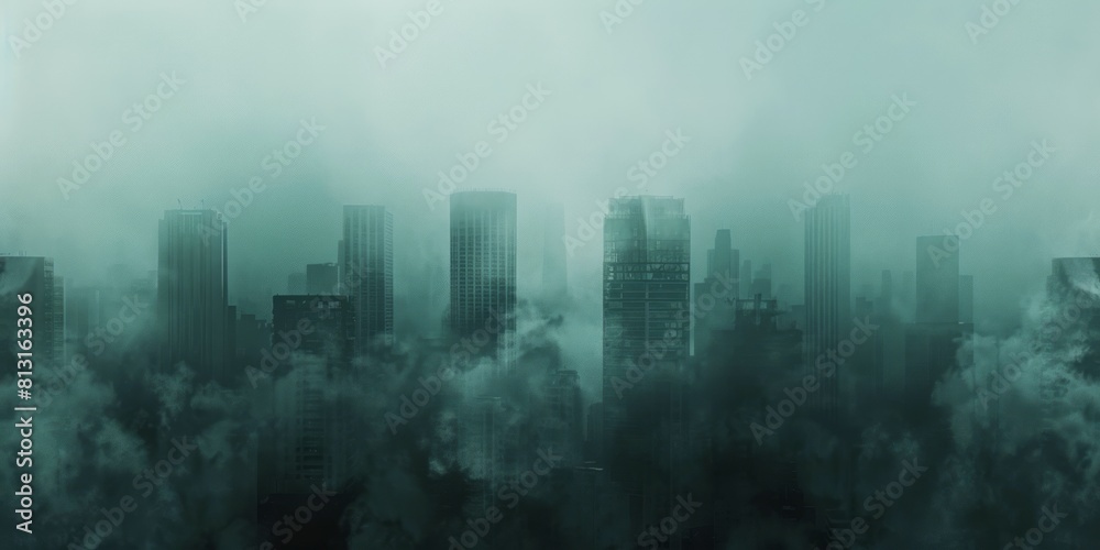 Cityscape with skyscrapers in fog, panoramic banner