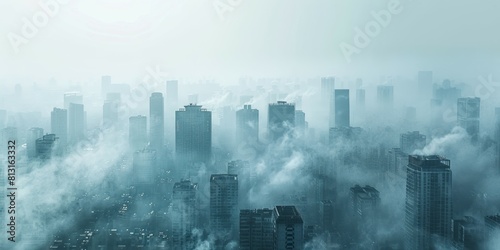 Panoramic aerial view of foggy cityscape.