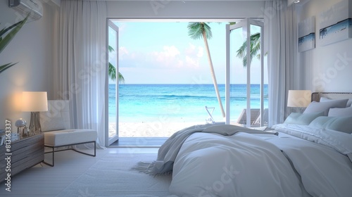 Indulge In The Luxury Of A Beach Bedroom, Modern And Elegant, Offering A Serene Retreat On Vacation © AIArtistry