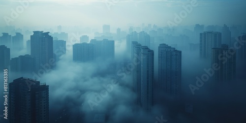 Foggy cityscape with skyscrapers and high-rise buildings