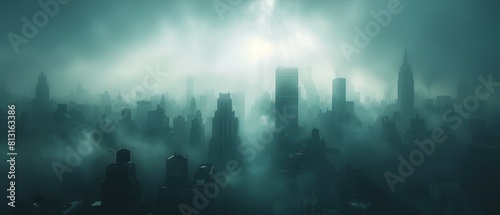Foggy night city panorama.