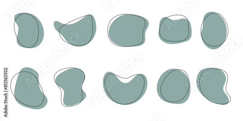 A set of abstract irregular blob shapes. Organic green blob with black circle outline. Modern simple illustration. Liquid stain design element