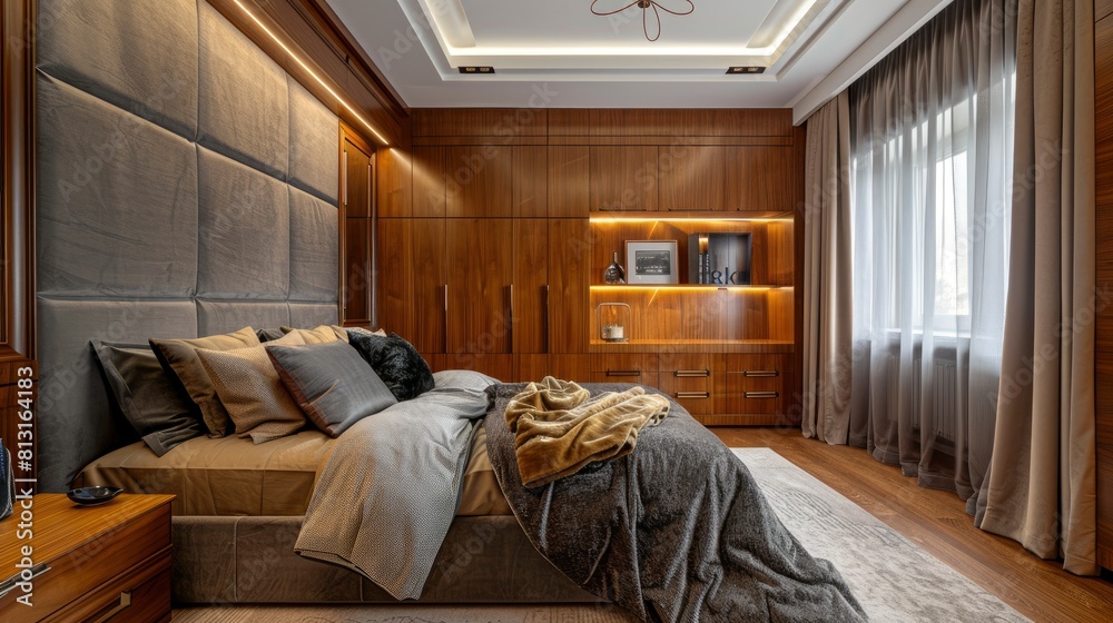 Marvel At The Luxurious Design Of Wooden Cabinets In A Modern Bedroom Interior, Adding Elegance And Functionality To The Space Marvel At The Luxurious Design Of Wooden Cabinets In A Modern Bedroom Interior, Adding Elegance And Functionality To The Space