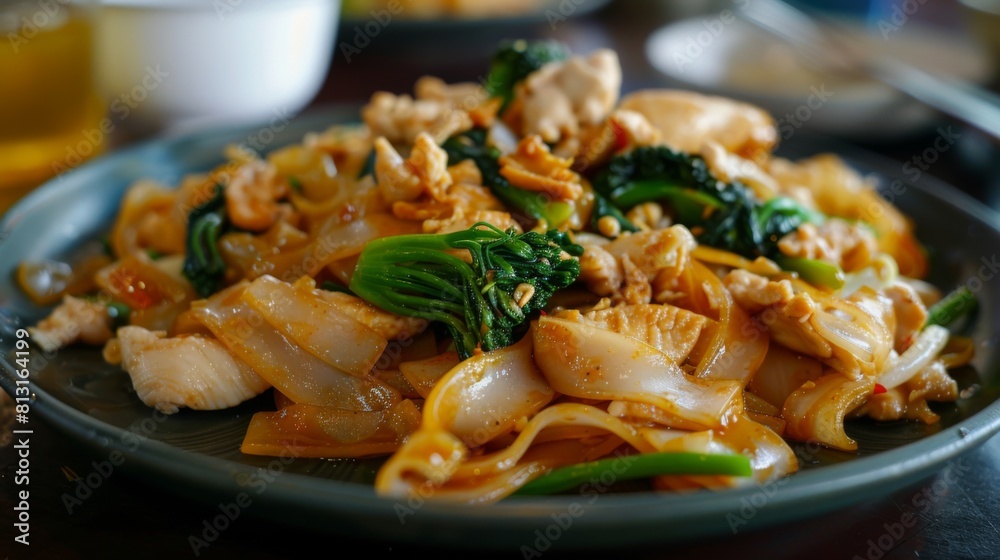 A delectable plate of Pad See Ew, stir-fried rice noodles with chicken, egg, and Chinese broccoli, seasoned with soy sauce and garlic. A delectable plate of Pad See Ew, stir-fried rice noodles with chicken, egg, and Chinese broccoli, seasoned with soy sauce and garlic.