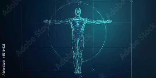 Polygonal wireframe Vitruvian man with futuristic element.