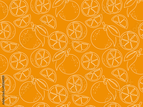Orange slice outline seamless pattern. White line drawn citrus on orange background. Sketch fresh tropical fruit illustration. Ornament for packaging, cover, wallpaper