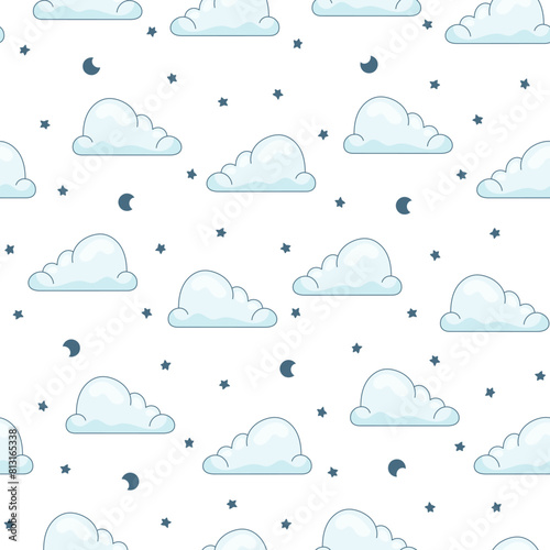 Cumulus cloud cartoon. Seamless pattern. Sky air symbol. Vector drawing. Design ornaments.