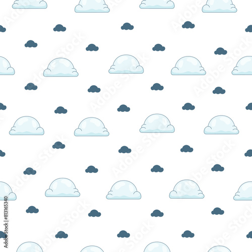 Cumulus cloud cartoon. Seamless pattern. Sky air symbol. Vector drawing. Design ornaments.