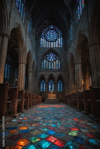 Colorful Daylight Reflections in a Candle-Lit Church Interior