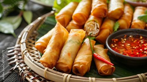 A delightful plate of crispy Thai spring rolls served with sweet chili dipping sauce, a popular appetizer in Thai cuisine. photo