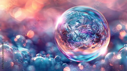 A vibrant macro photo of a large bubble surrounded by smaller ones against a bokeh background