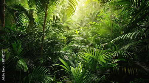 Panoramic view of dense forest with palms and lianas. Generative Ai