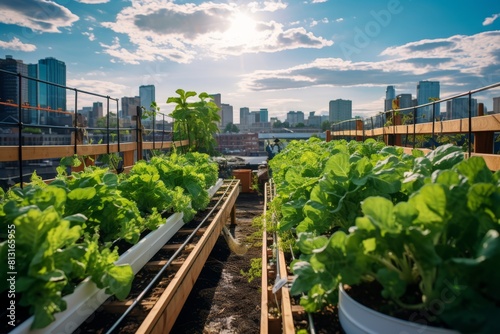Urban gardening concept with lush lettuce plants on a rooftop garden against city skyline © Maksim