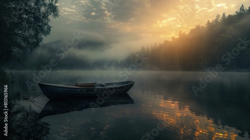 An old, empty wooden rowboat floats near the shore of a tranquil lake. Morning mist hovers above the water's surface, blurring the line between the lake and the dense forest in the background. The ris